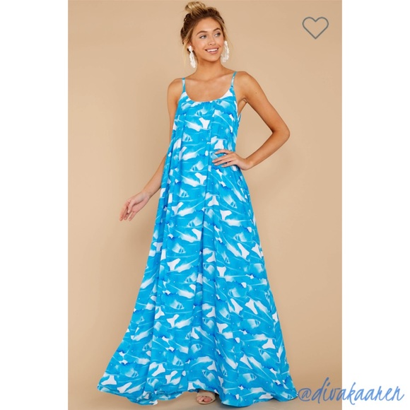 Bright Blue Palm Print Maxi Dress w/Pockets - Picture 4 of 8